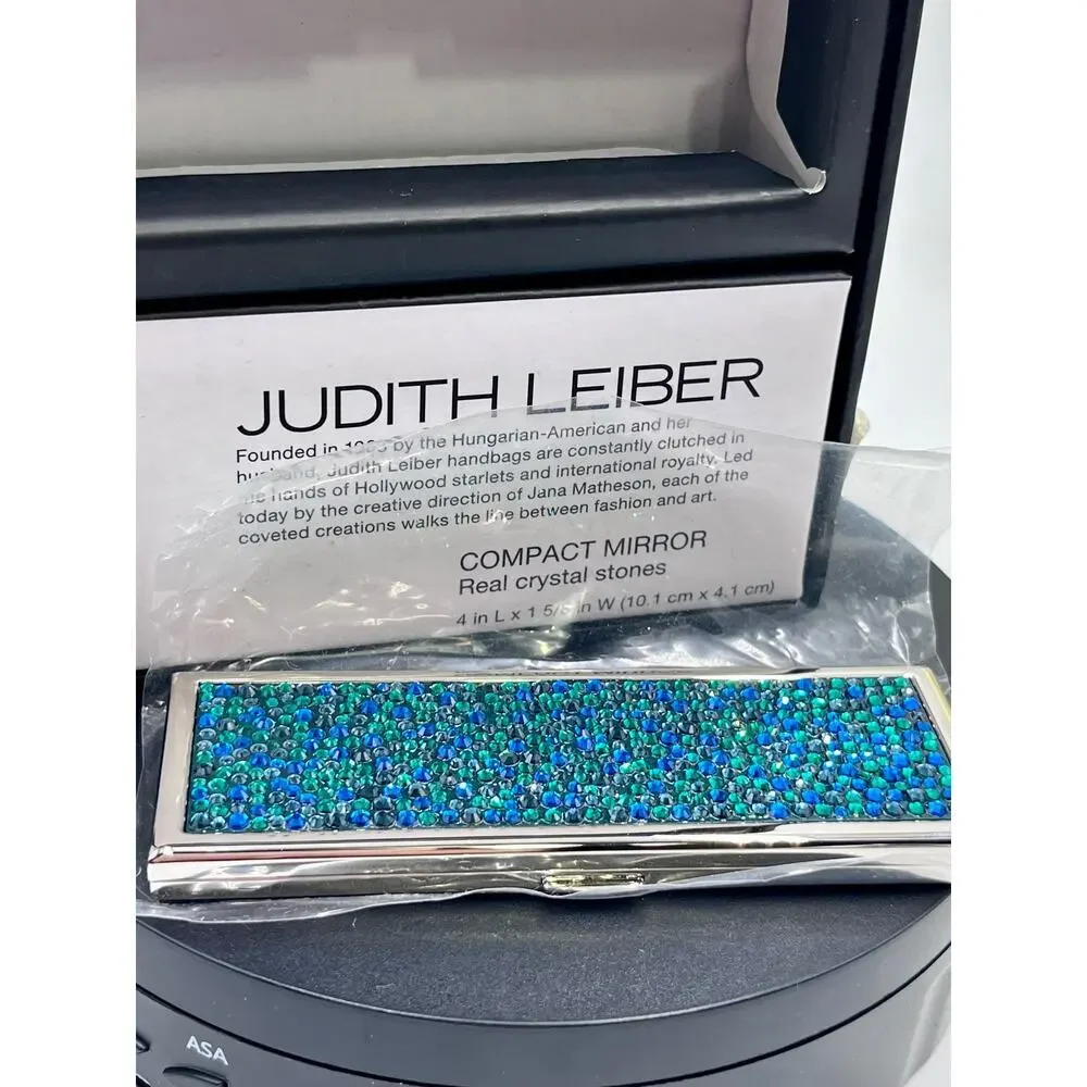 JUDITH LEIBER Compact Mirror Slim Pocket‎ Austria Crystal Green Blue Dots Silver